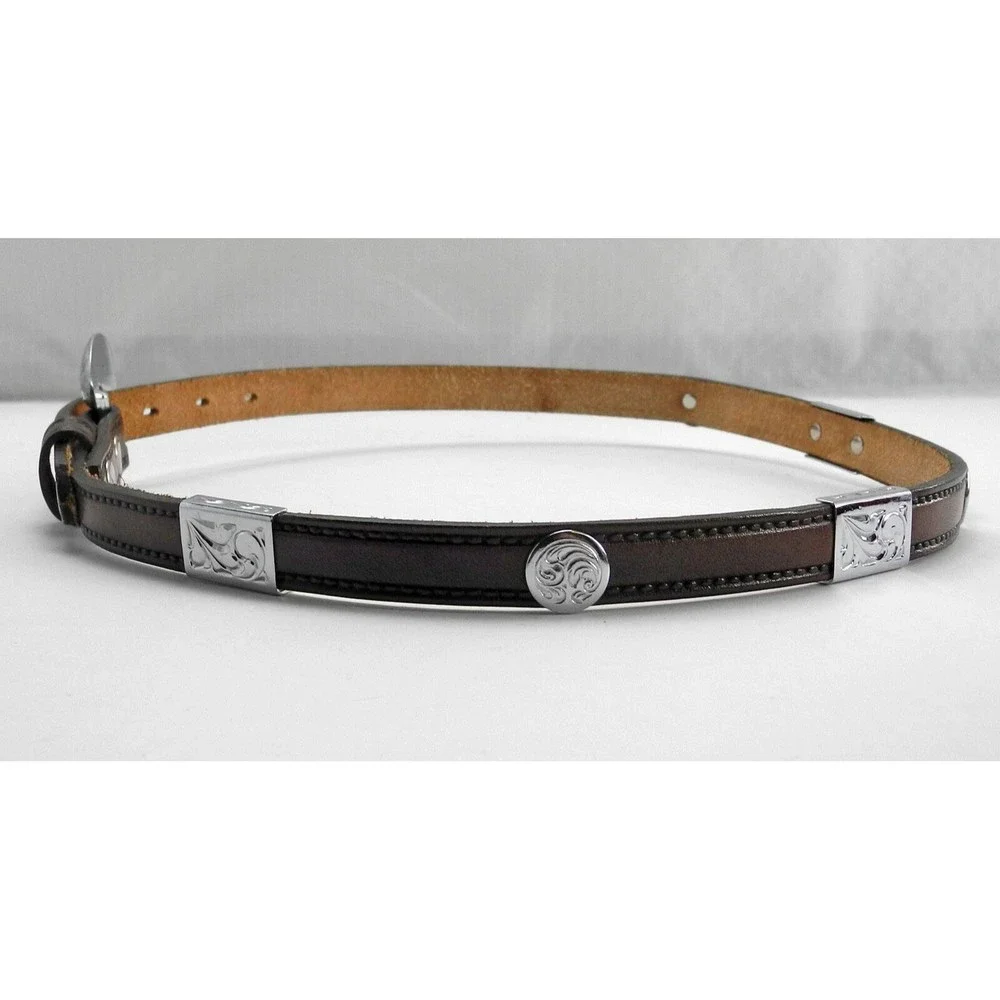 Circle Y Brown Leather Belt Engraved Silver Tone Conchos & Buckle - Size 28